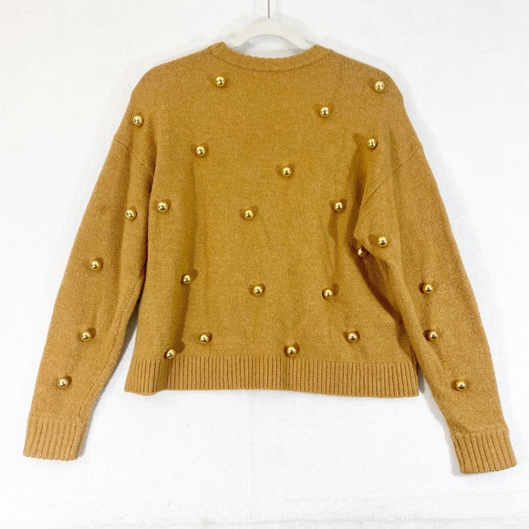 Alice + Olivia Sweater Medium Beige Tan Wool Gleeson Metal Ball Long Sleeve Crew - Picture 3 of 10